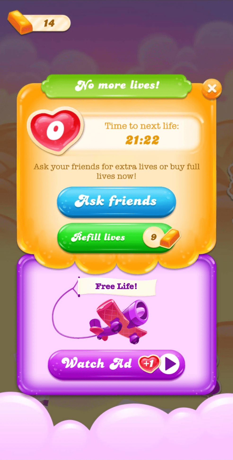 Xem quảng cáo để nhận thêm mạng trong trò chơi Candy Crush Saga